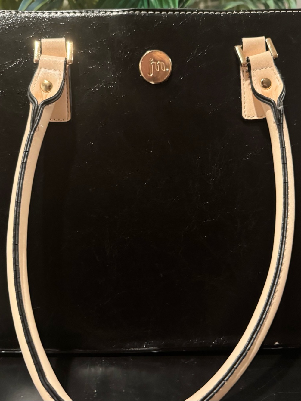 Jessica Moore Black & Beige Patent Tote Bag with Gold Hardware